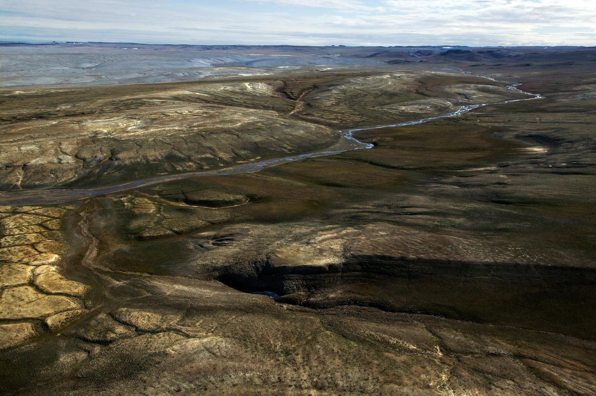 View of the Haughton Formation near Rabbit Run creek on Devon Island, Nunavut. The dry, cold “polar desert” conditions helped preserve the ancient rhinoceros fossil found here, including traces of original proteins.